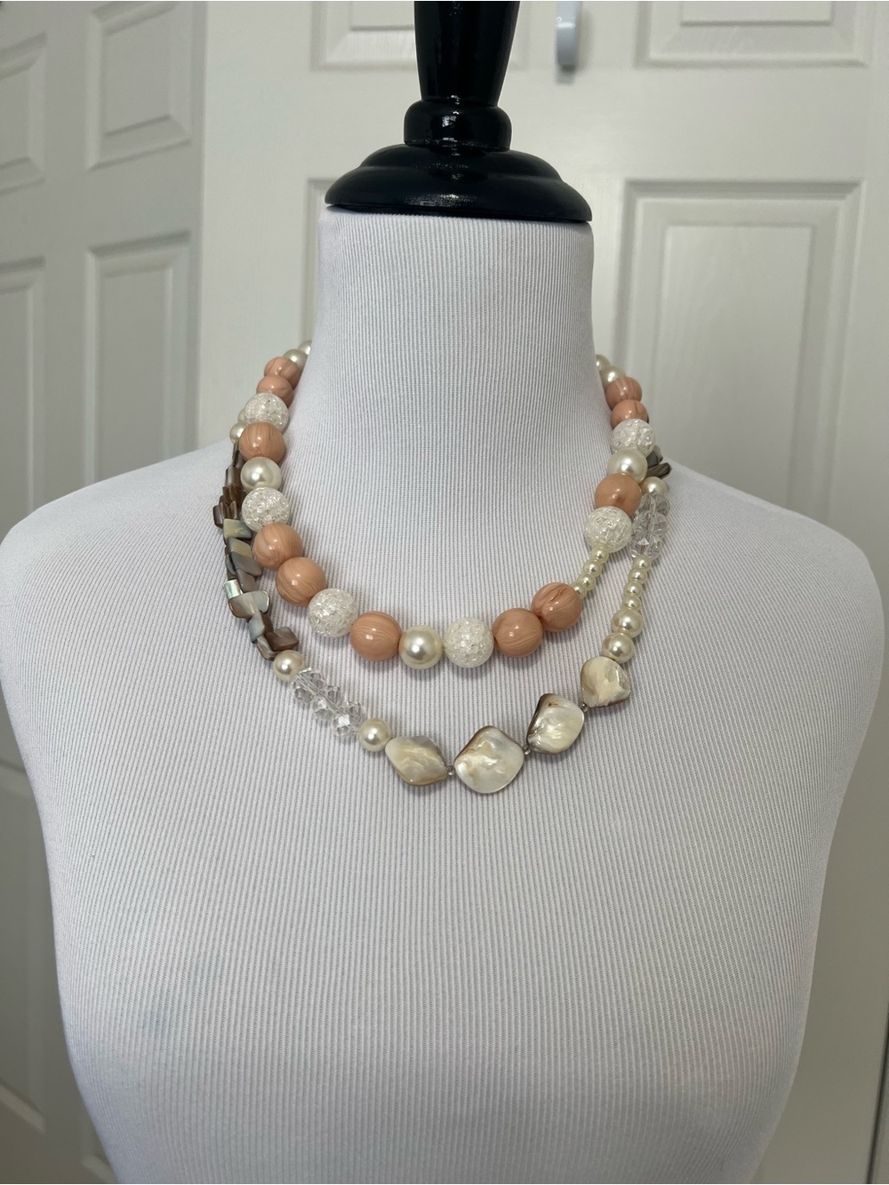 Elegant Multi-Strand Peach beads, Mother of Pearl, and Pearl Necklace